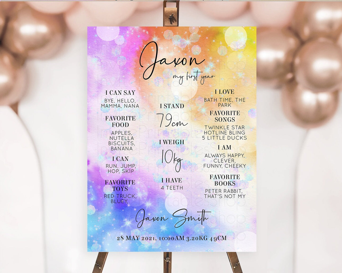 Rainbow First Birthday Milestone Poster Colorful Pastel Watercolor Iridescent Sprinkles Ombre Pastel Milestone Board First Birthday D10690