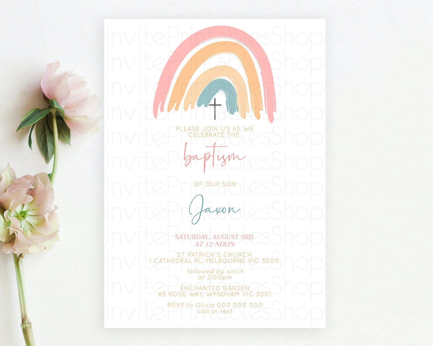 Pastel Rainbow Baptism Invitation Boho Rainbow Baptism 1st Birthday Invitation Rainbow Pastel Watercolor Christening Invitation D10351