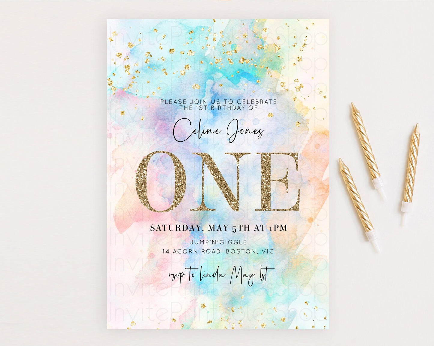 Rainbow Birthday Invitation Colorful Pastel Watercolor Invitation Gold Glitter Sprinkles Ombre Pastel 1st 2nd 3rd Birthday D10266