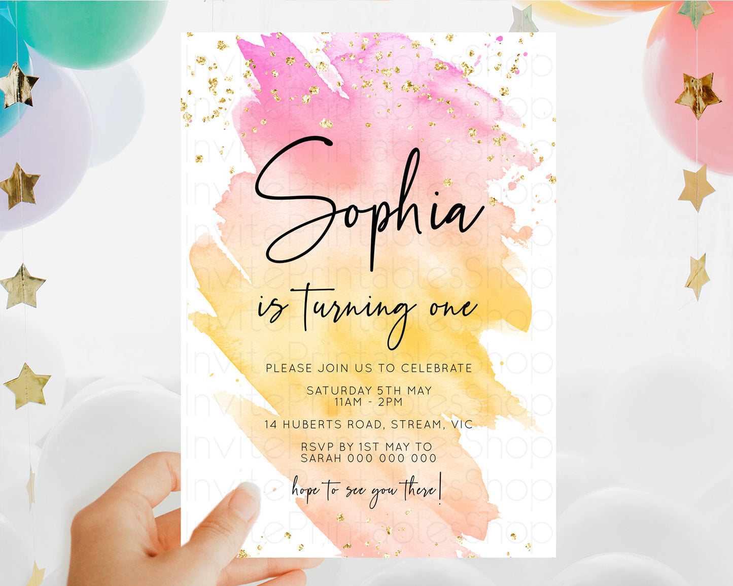 Rainbow Birthday Invitation Colorful Pastel Watercolor Invitation Gold Glitter Sprinkles Ombre Pastel 1st 2nd 3rd Birthday D10527