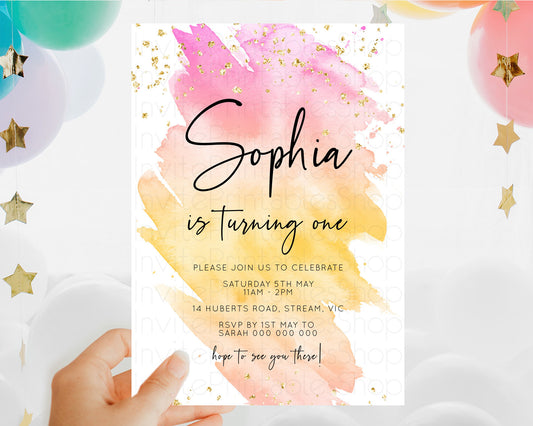 Rainbow Birthday Invitation Colorful Pastel Watercolor Invitation Gold Glitter Sprinkles Ombre Pastel 1st 2nd 3rd Birthday D10527