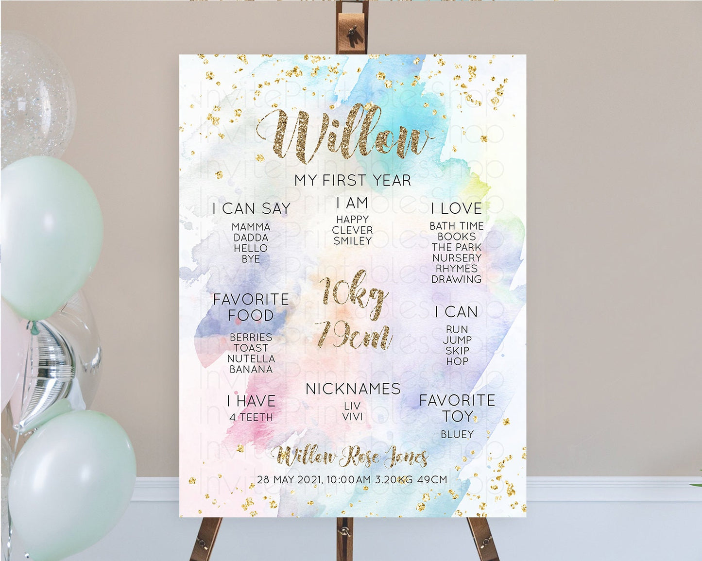 Pastel First Birthday Milestone Board Pastel Rainbow Milestone Poster Colorful Confetti Watercolor Glitter 1st Birthday Welcome Sign D10421