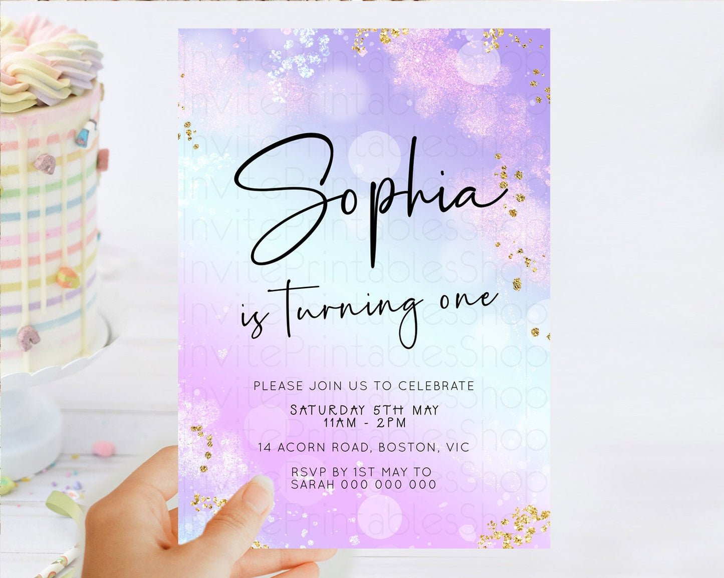 Pastel Birthday Invitation Ombre Watercolor Birthday Invitation Glitter Rainbow Color Splash 1st 2nd 3rd Birthday Invitation D23112