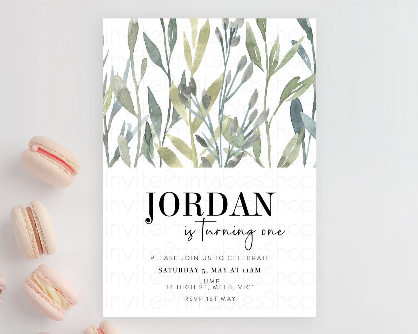 Leafy Birthday Invitation Leafy Invitation Simple Greenery Invitation Eucalyptus Fern Spray Leaves Minimal Green Leaf Watercolour D11060