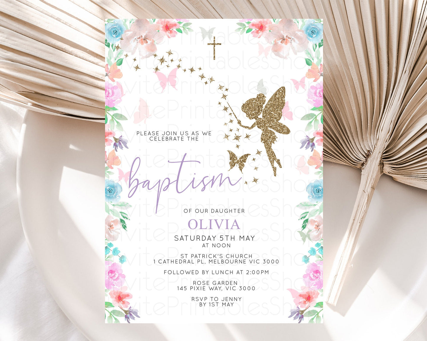 Fairy Baptism Invitation Fairy Baptism 1st Birthday Invitation Enchanted Secret Garden Christening Invite Pastel Floral Butterfly D10126