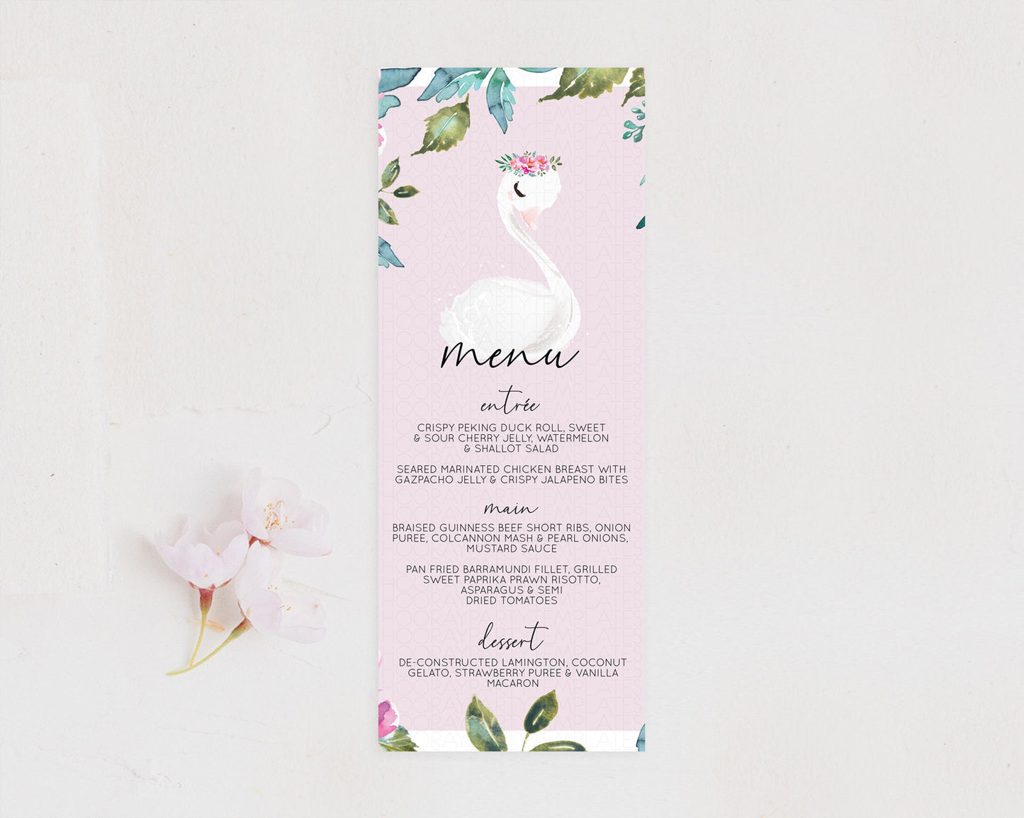 Swan Menu Swan Princess Ballet Menu Template Enchanted Swan Lake Table Decor Secret Garden Pastel Floral Dinner Dessert Food Menu  D10757