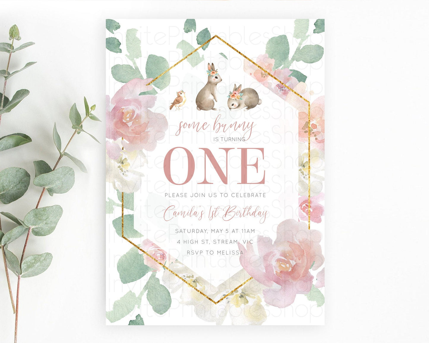 Bunny Birthday Invitation Floral Bunny Invitation Pastel Bunny Invites Pastel Watercolor Woodland Bunny Party 2nd 1st First Birthday D11034