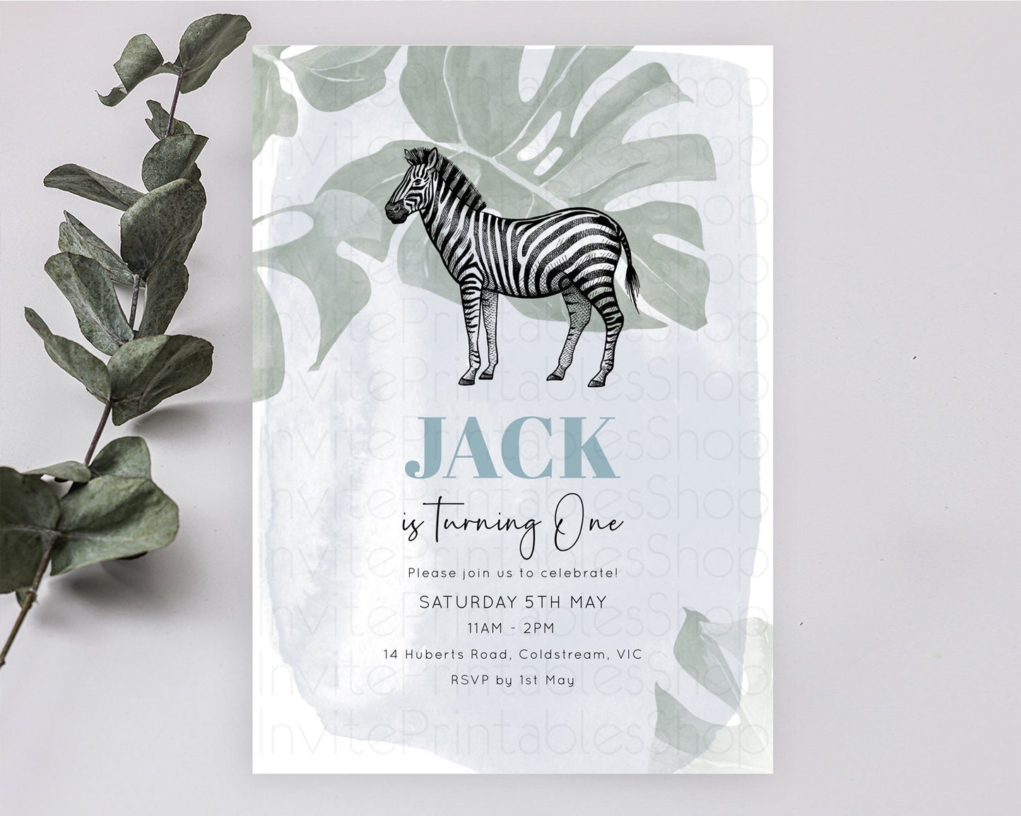 Zebra Birthday Invitation Zebra Invite Jungle Safari invite Watercolor Tropical Palm Invite Adventure Zoo Party Wild Animal Party D10814