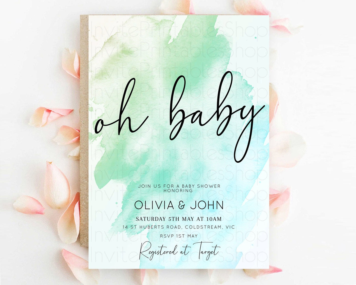 Green Baby Shower Invitation Green Watercolor Baby Shower Invitation Pastel Green Watercolor Invitation Green Splash Gold Invitation D10166