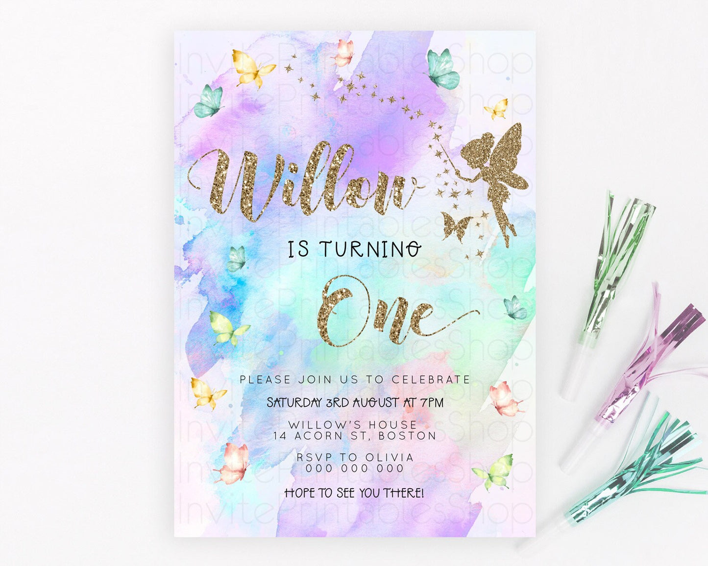 Pastel Fairy Birthday Invitation Pastel Butterflies Fairy Birthday Invitation Rainbow Ombre Watercolor 1st 2nd Birthday Invitation D23338