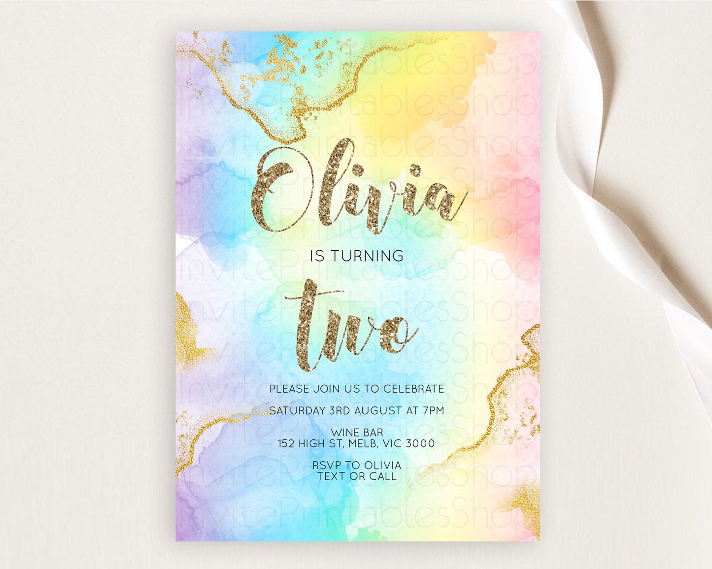 Rainbow Birthday Invitation Colorful Pastel Watercolor Invitation Gold Glitter Sprinkles Ombre Pastel 1st 2nd 3rd Birthday D10589