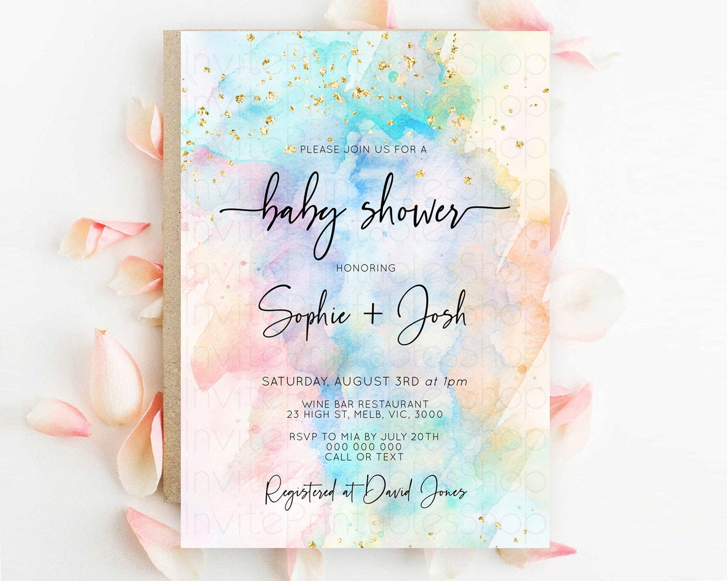 Pastel Baby Shower Invitation Rainbow Baby Shower Invitation Colorful Pastel Watercolor Invitation Gold Glitter Sprinkles Ombre D10260