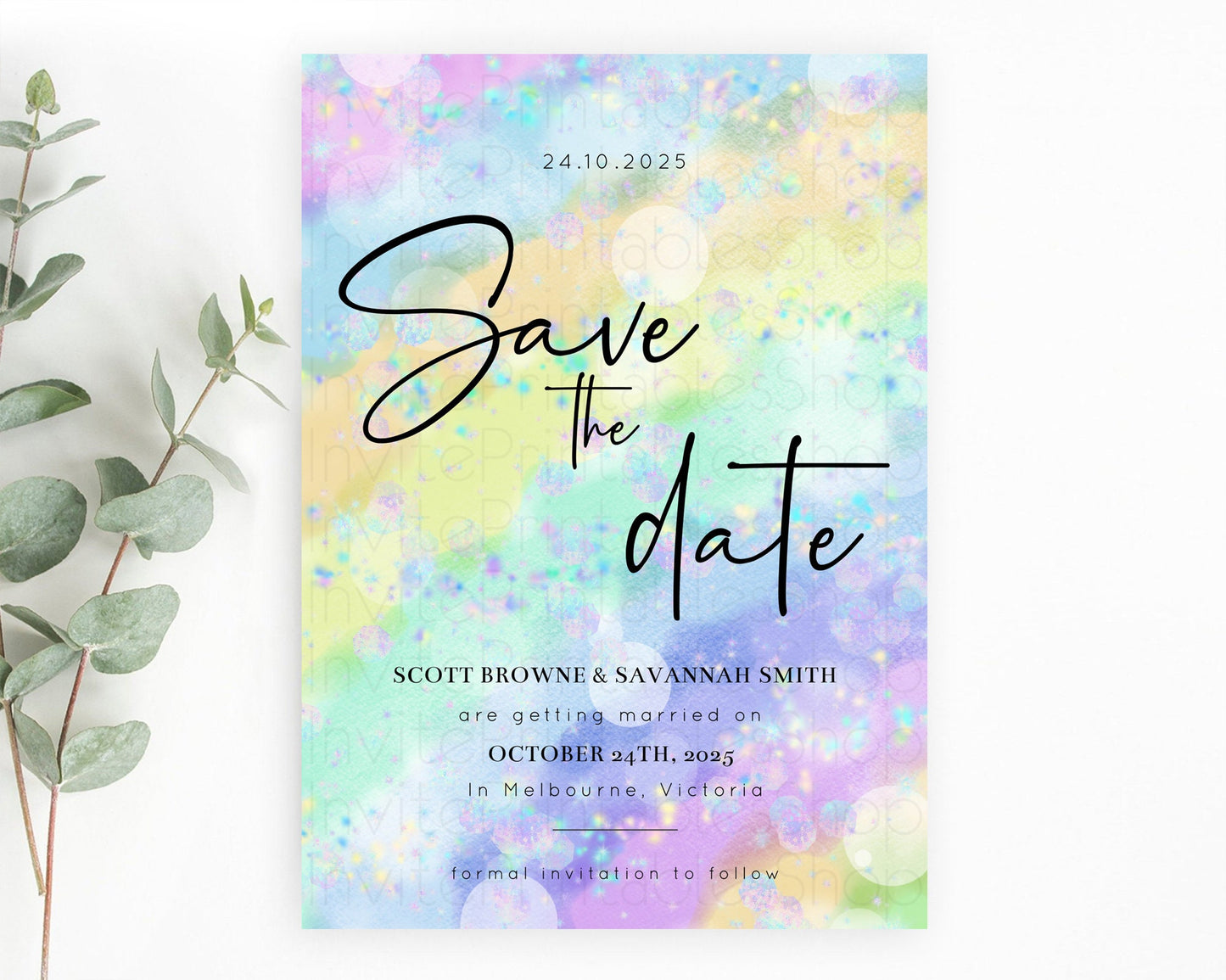 Colorful Save The Date Template Pastel Rainbow Watercolor Iridescent Ombre Party For 1st Birthday Baptism Baby Shower Bridal Shower D10689