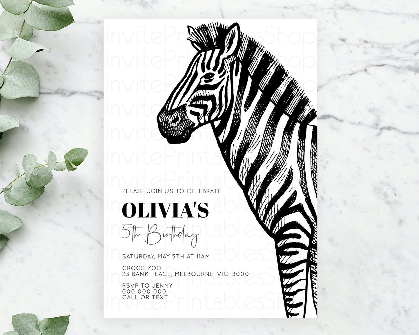 Zebra Birthday Invitation Zebra Invite Jungle Safari invite Watercolor Tropical Palm Invite Adventure Zoo Party Wild Animal Party D10249