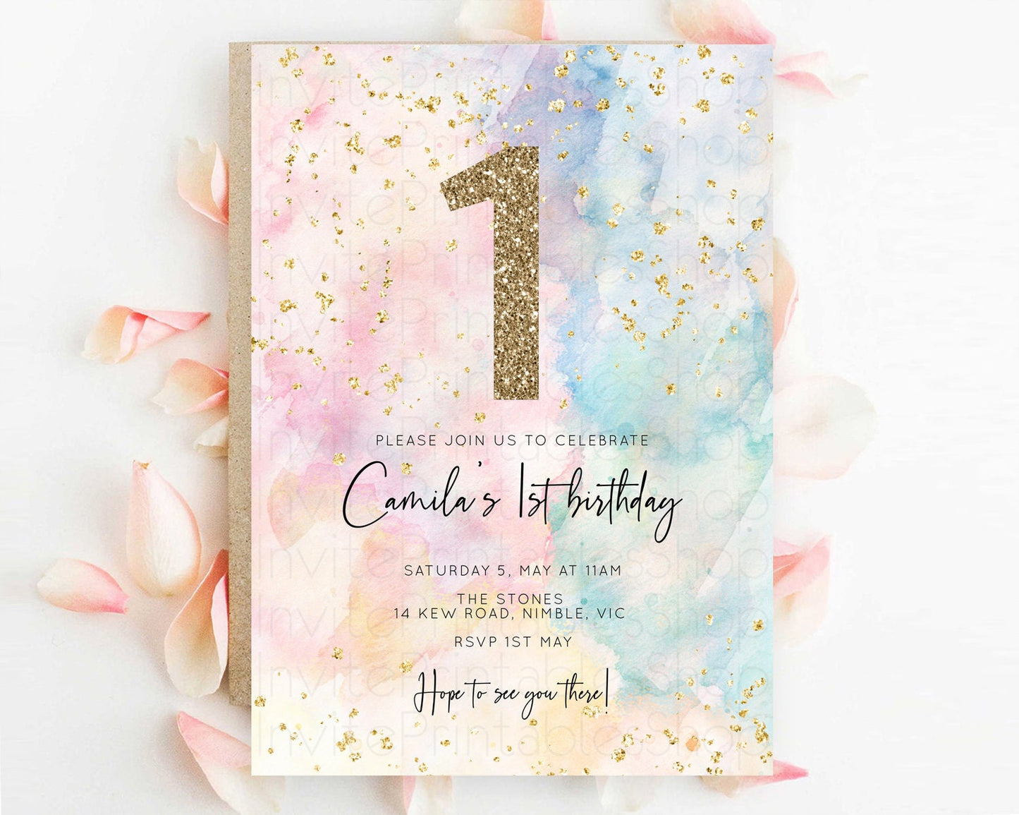Rainbow Birthday Invitation Colorful Pastel Watercolor Invitation Gold Glitter Sprinkles Ombre Pastel 1st 2nd 3rd Birthday D10276