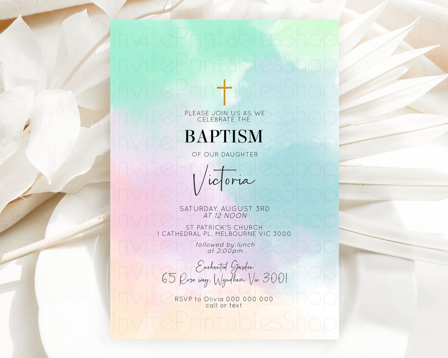 Pastel Baptism Invitation Pastel Colors Watercolor Baptism 1st Birthday Party Gold Ombre Pastel Rainbow Christening Holy Communion D10375