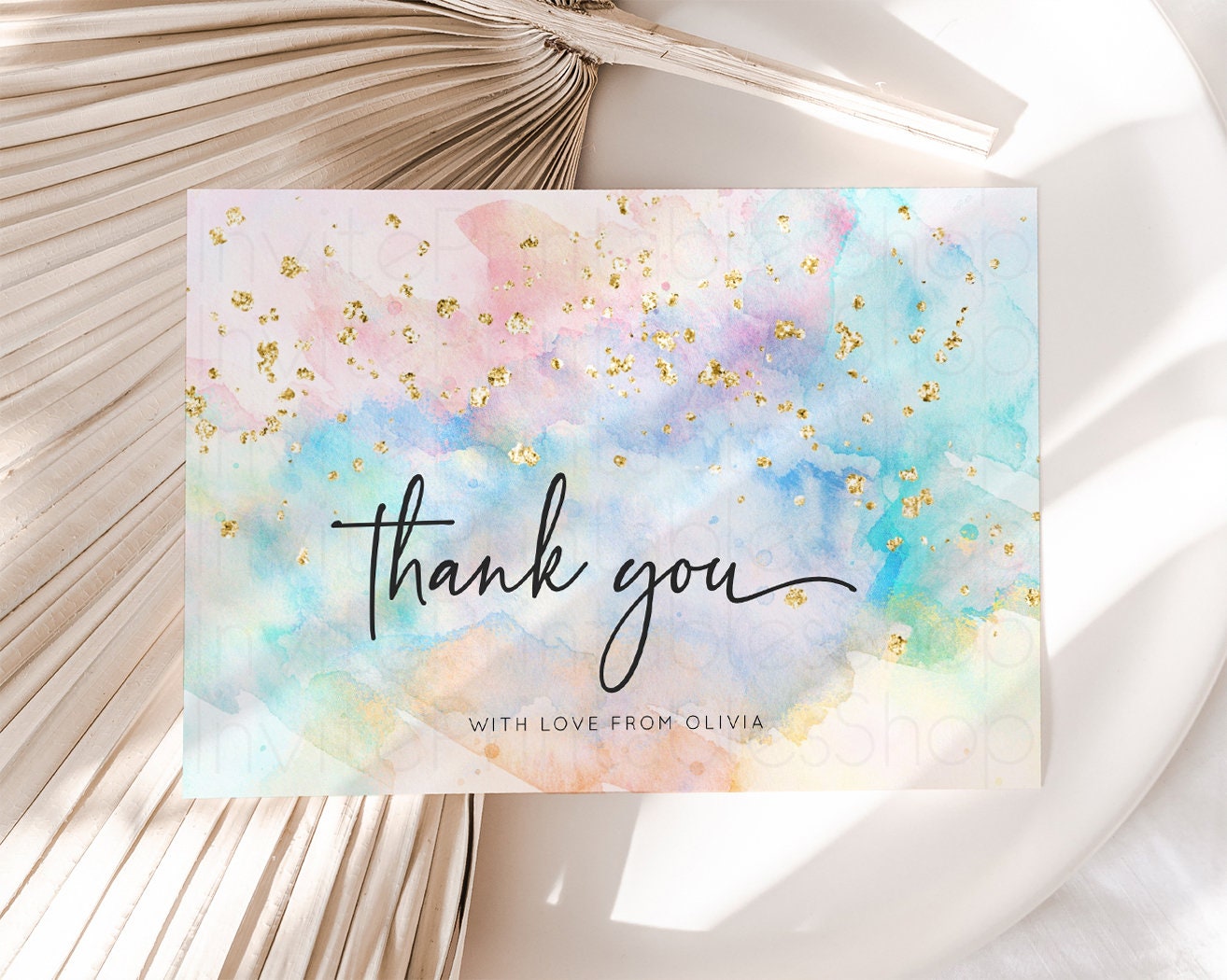 Pastel Rainbow Thank you Colorful Watercolor Folded Gift Cards Custom Note Message Glitter Birthday Engaged Baby Shower Wedding Guests 276v3