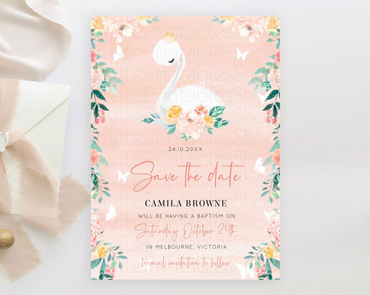 Editable Swan Save The Date Template Swan Princess Ballet Party Enchanted Sw