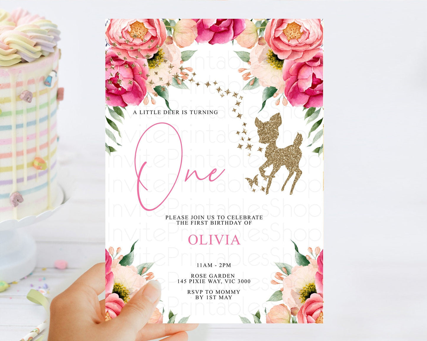 Fawn Birthday Invitation Deer Birthday Invitation Enchanted Forest Party Butterfly Pastel Flowers Whimsical 2nd 1st First Birthday D10326