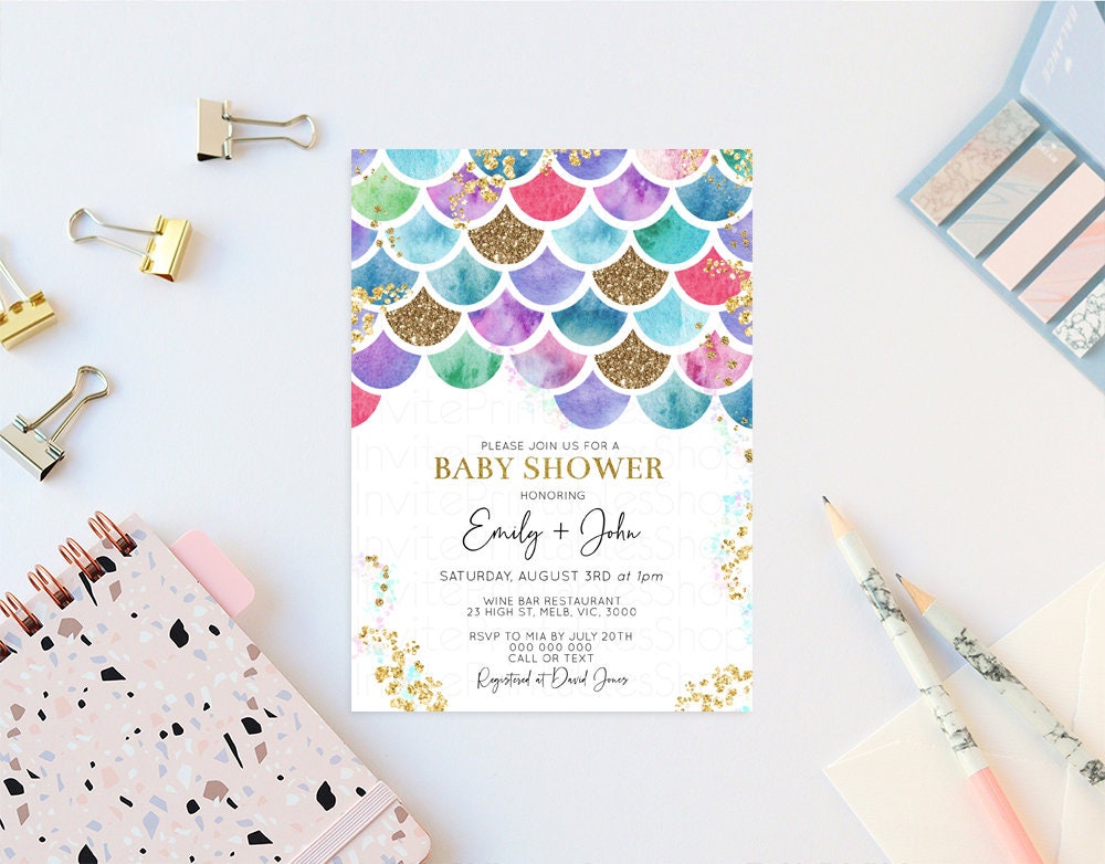 Mermaid Baby Shower Invitation Pastel Rainbow Baby Invite Under the Sea Invite Watercolor Baby Shower Invite Glitter Sprinkles Invite 575