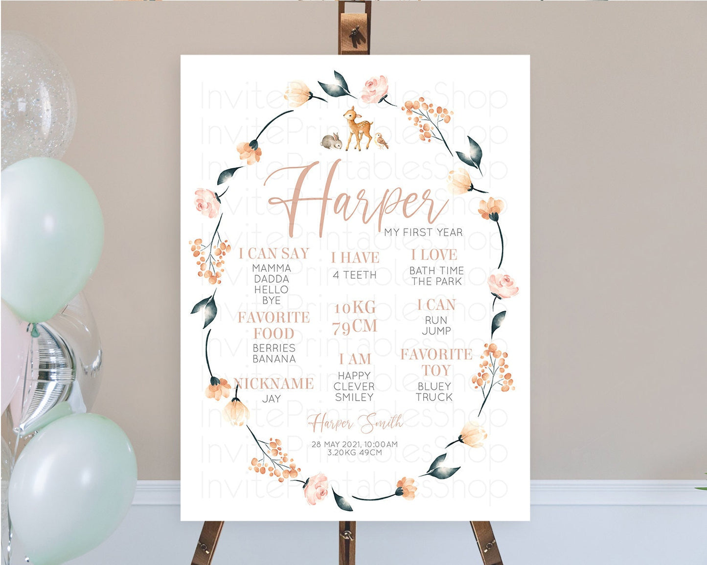 Fawn First Birthday Milestone Board Deer First Birthday Milestone Poster Enchanted Forest Butterfly Pastel Flowers 1st Birthday Sign D10241