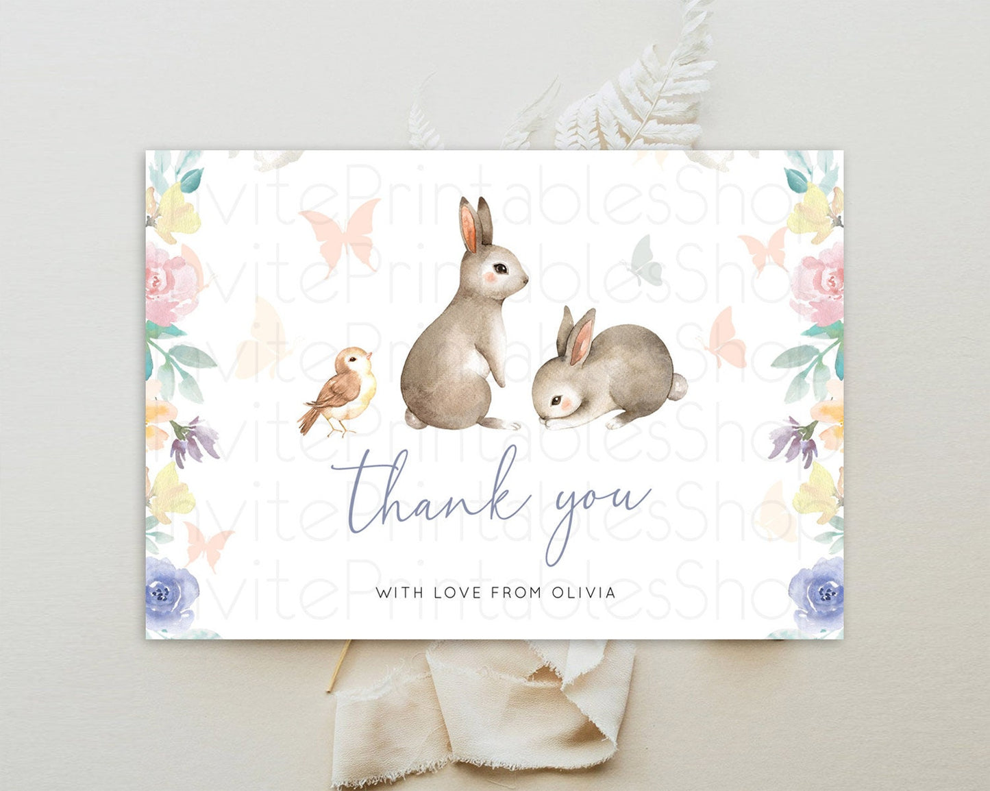 Bunny Thank You Floral Bunny Thank You Card Pastel Flowers Bunny Birthday Thank You Card Secret Garden Bunny Teacher Thank You Cards D10928