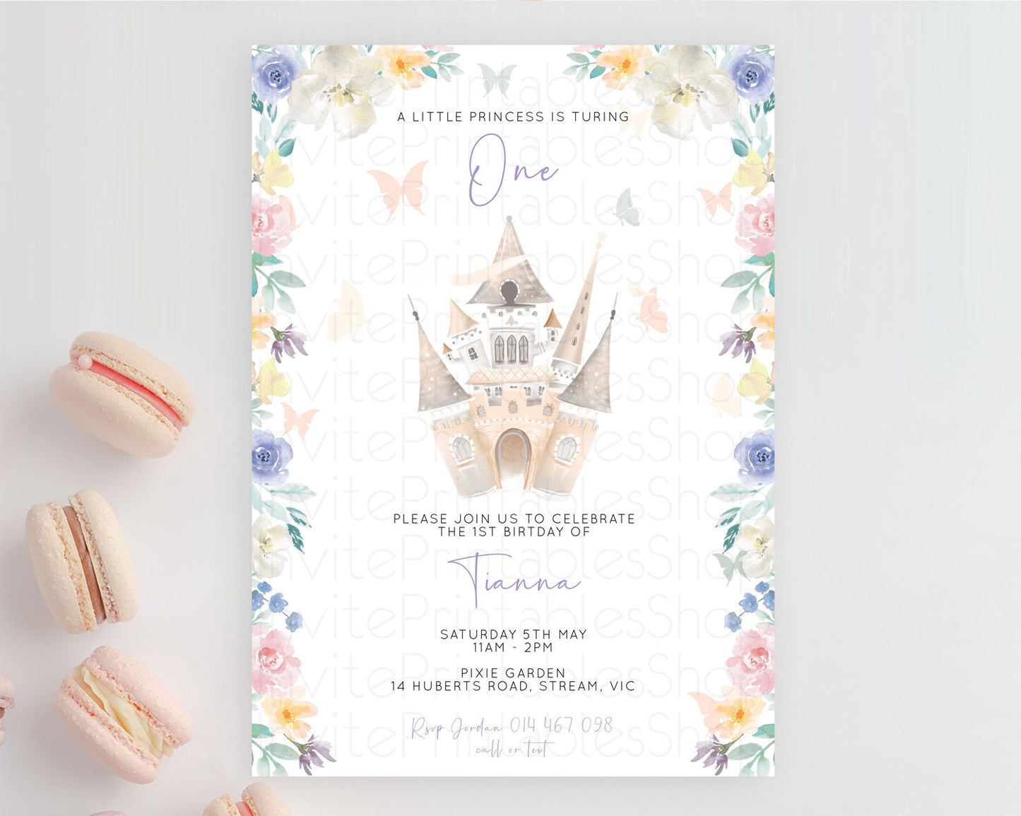 Princess Birthday Invitation Castle Invitation Royal Birthday Fairy Tale Enchanted Castle Pastel Floral Garden 1st First Birthday D10709