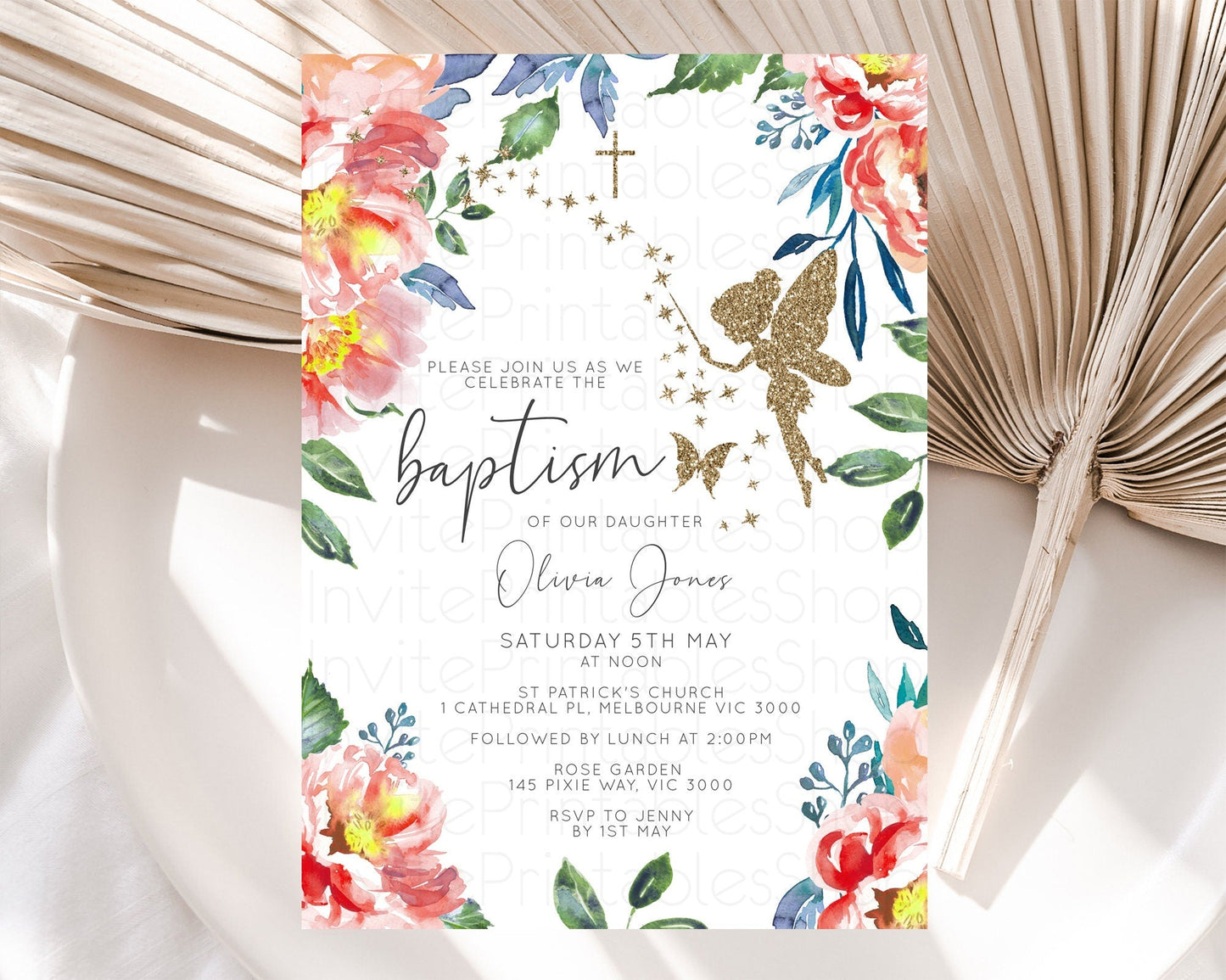 Fairy Baptism Invitation Fairy Baptism 1st Birthday Invitation Enchanted Secret Garden Christening Invite Pastel Floral Butterfly D10752