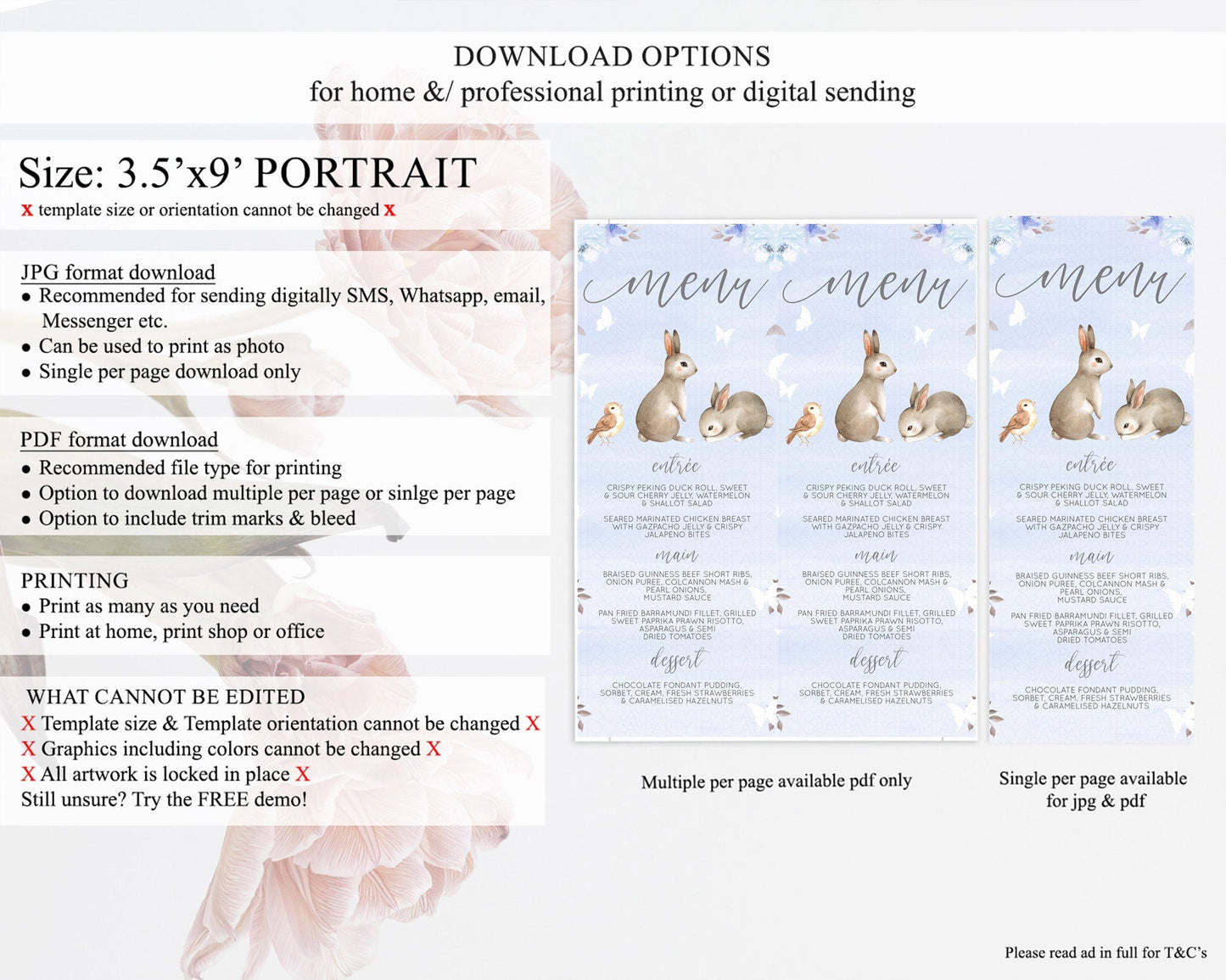 Bunny Menu Floral Bunny Menu Template Pastel Flowers Bunny Table Decor Secret Garden Bunny Dinner Dessert Menu Party Food Menu D10923