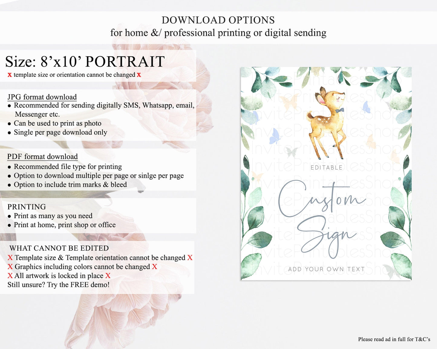 Fawn Deer Sign Pastel Floral Deer Table Sign Decor Enchanted Forest Butterfly Party 1st Birthday Baptism Baby Shower Bridal Shower D10767
