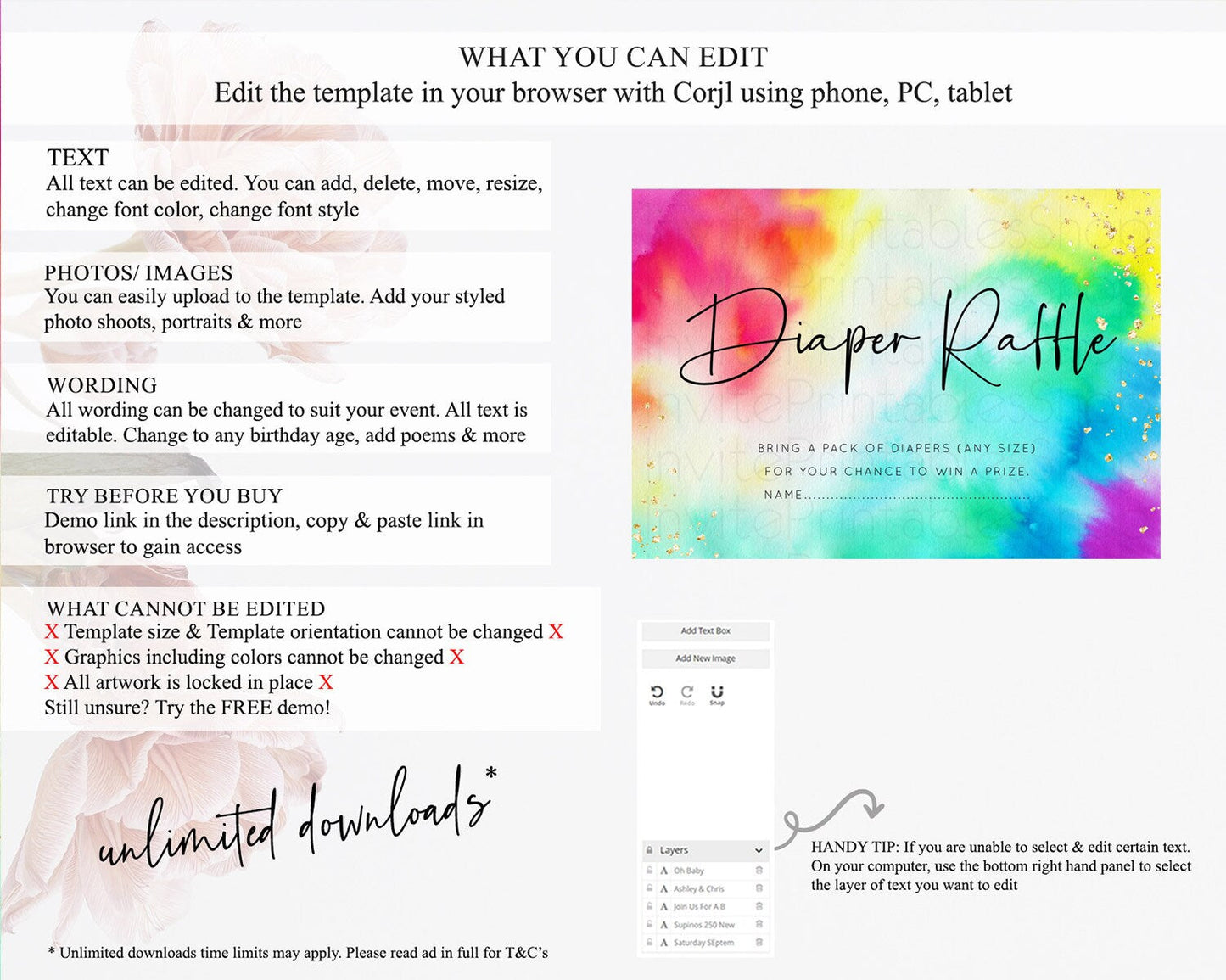 Tie Dye Diaper Raffle Card Rainbow Tie Dye Diaper Raffle Insert Pastel Rainbow Watercolor Diaper Ticket Tie Dye Colors Raffle Game D10462