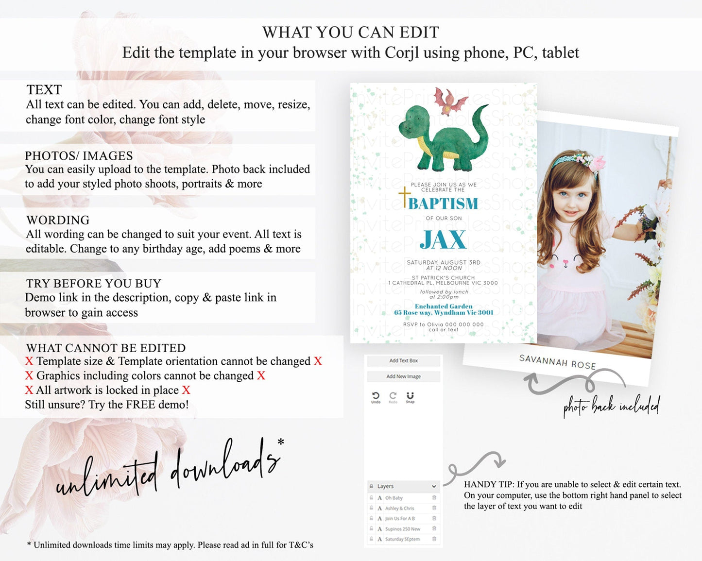 Dinosaur Baptism Invitation Dinosaur Volcano Baptism 1st Birthday Invitation Watercolor T-Rex Raptor Jurassic Christening Invitation D10153