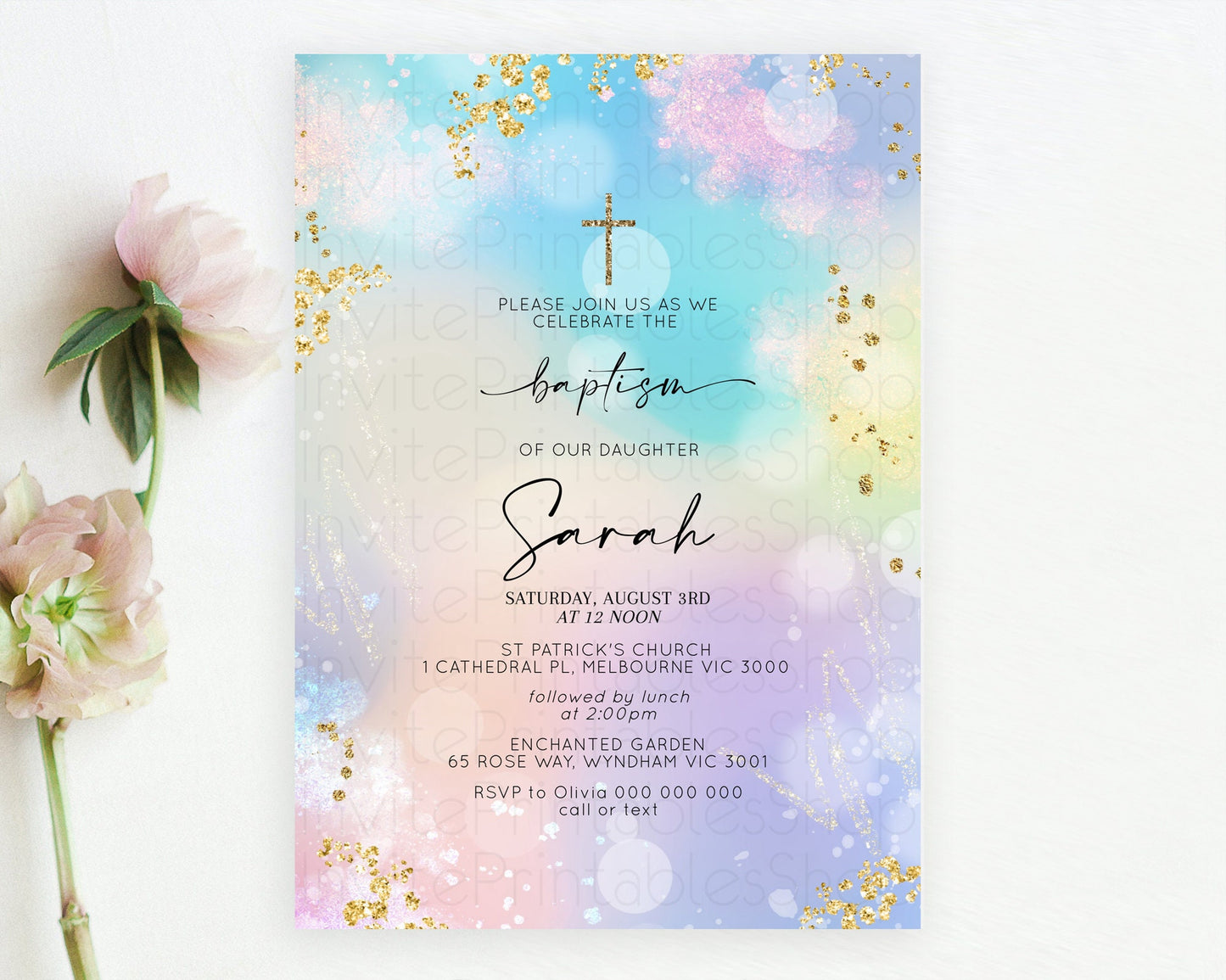 Pastel Baptism Invitation Pastel Colors Watercolor Baptism 1st Birthday Party Gold Ombre Pastel Rainbow Christening Holy Communion D10675