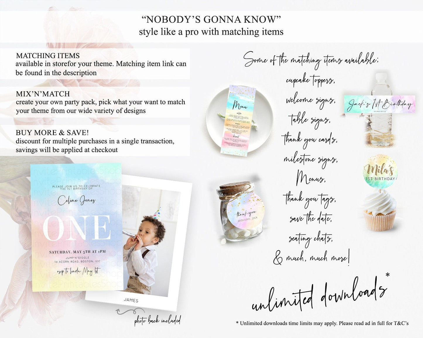 Rainbow Birthday Invitation Colorful Pastel Watercolor Invitation Gold Glitter Sprinkles Ombre Pastel 1st 2nd 3rd Birthday D10373