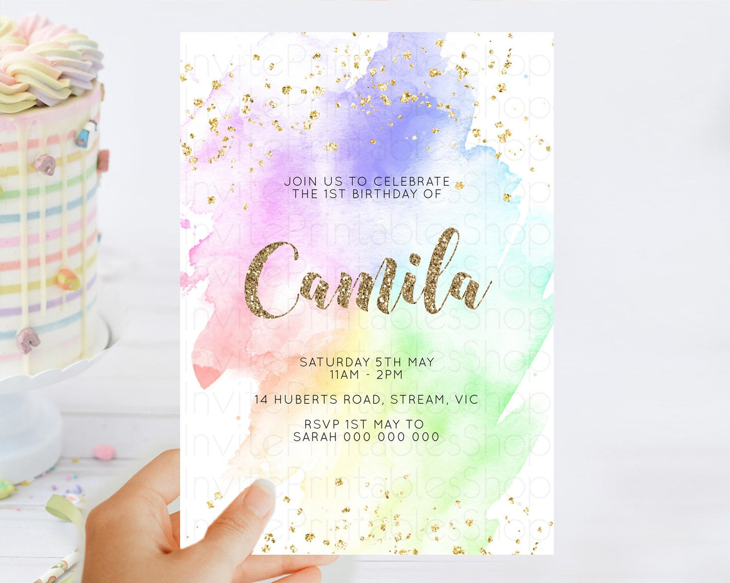 Rainbow Birthday Invitation Colorful Pastel Watercolor Invitation Gold Glitter Sprinkles Ombre Pastel 1st 2nd 3rd Birthday D10319