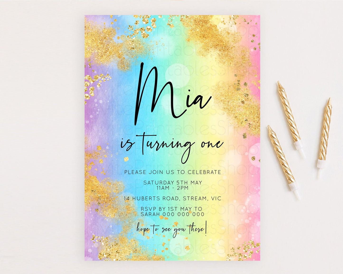 Rainbow Birthday Invitation Colorful Pastel Watercolor Invitation Gold Glitter Sprinkles Ombre Pastel 1st 2nd 3rd Birthday D10559