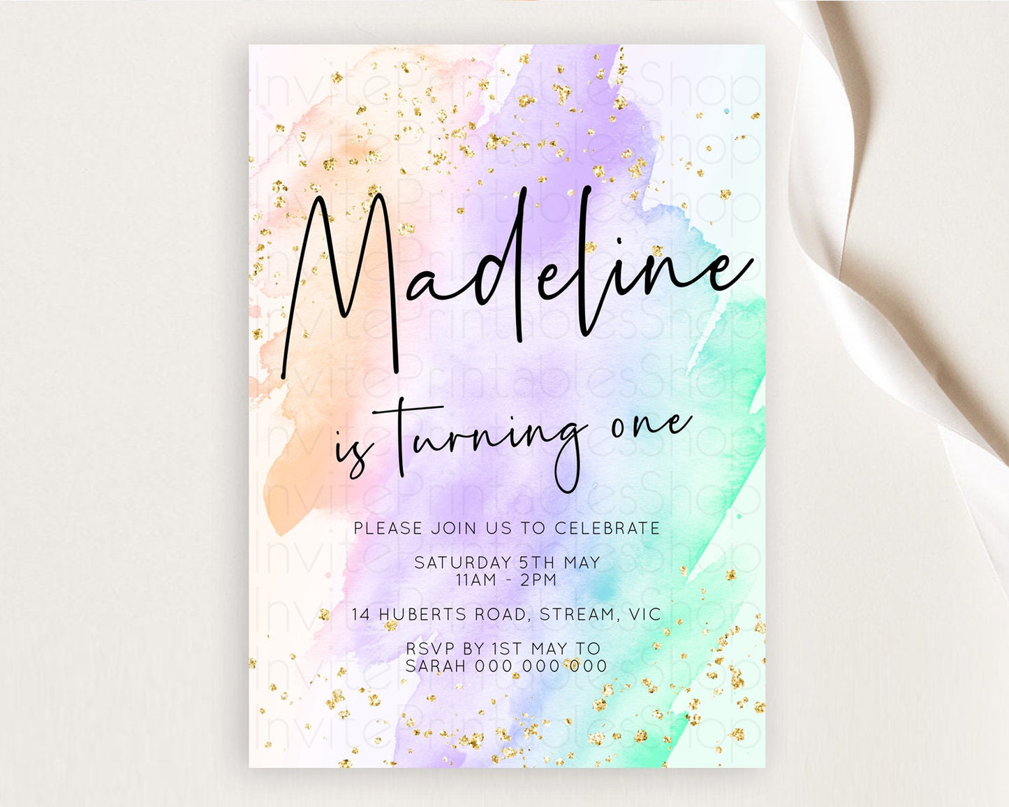 Rainbow Birthday Invitation Colorful Pastel Watercolor Invitation Gold Glitter Sprinkles Ombre Pastel 1st 2nd 3rd Birthday D10176