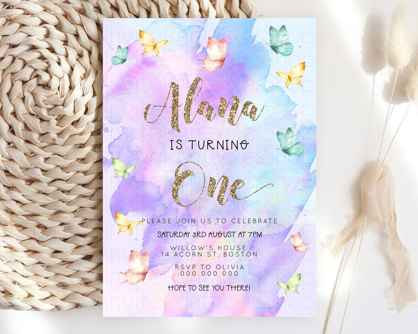 Pastel Butterfly Birthday Invitation Butterfly Birthday Invitation Colorful Splash Glitter Butterfly Garden 1st 2nd Birthday D23249