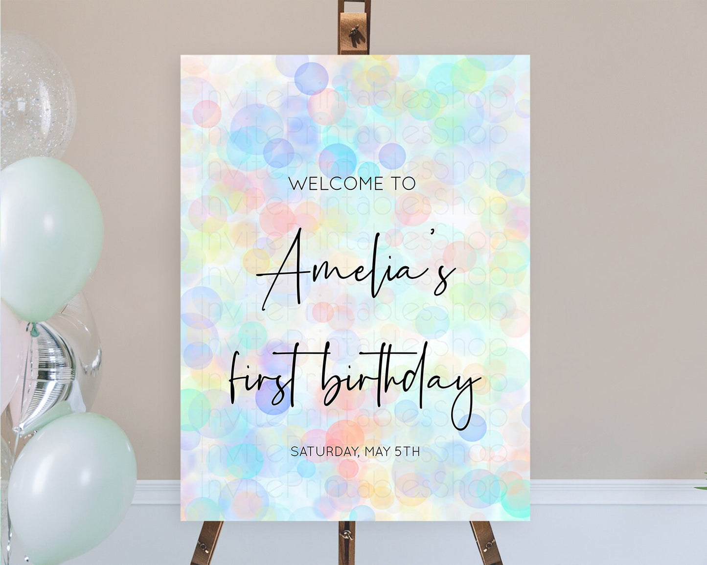 Pastel Welcome Sign Bubble Bath Birthday Party Rainbow Welcome Board Pastel Bubbles Colorful Confetti First Birthday Welcome Sign D10445