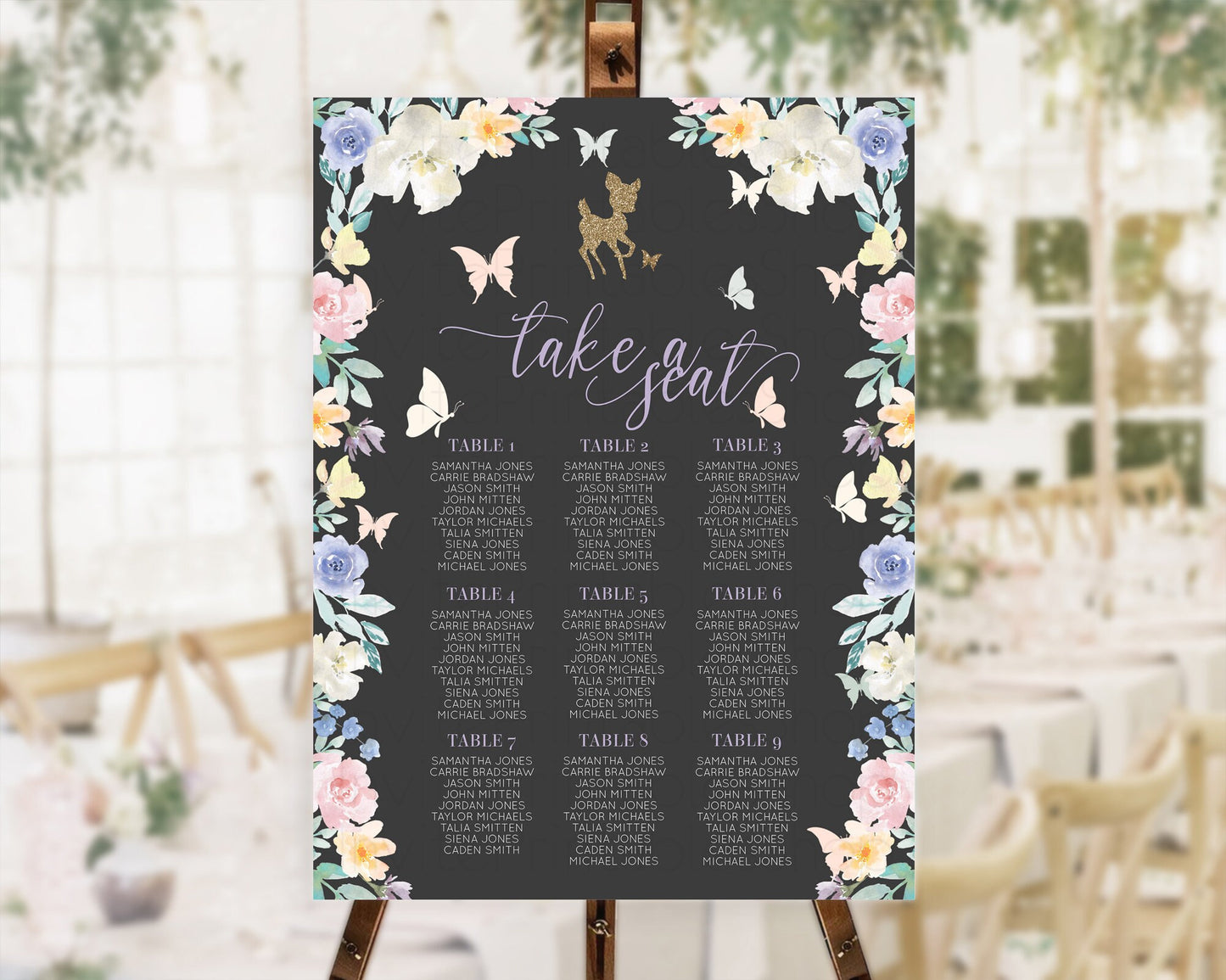 Fawn Seating Chart Deer Seating Chart Enchanted Forest Party Butterfly Pastel Flowers Whimsical Seating Chart Woodland Seating Sign D10323