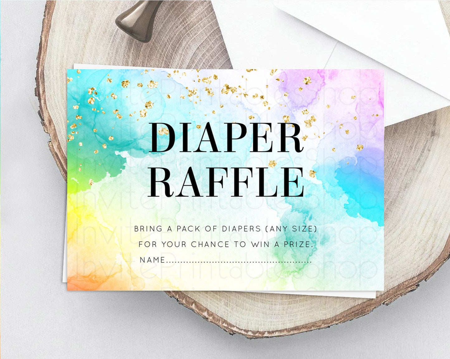 Pastel Diaper Raffle Card Pastel Rainbow Diaper Raffle Insert Colorful Ombre Watercolor Diaper Ticket Confetti Glitter Raffle Game D10961