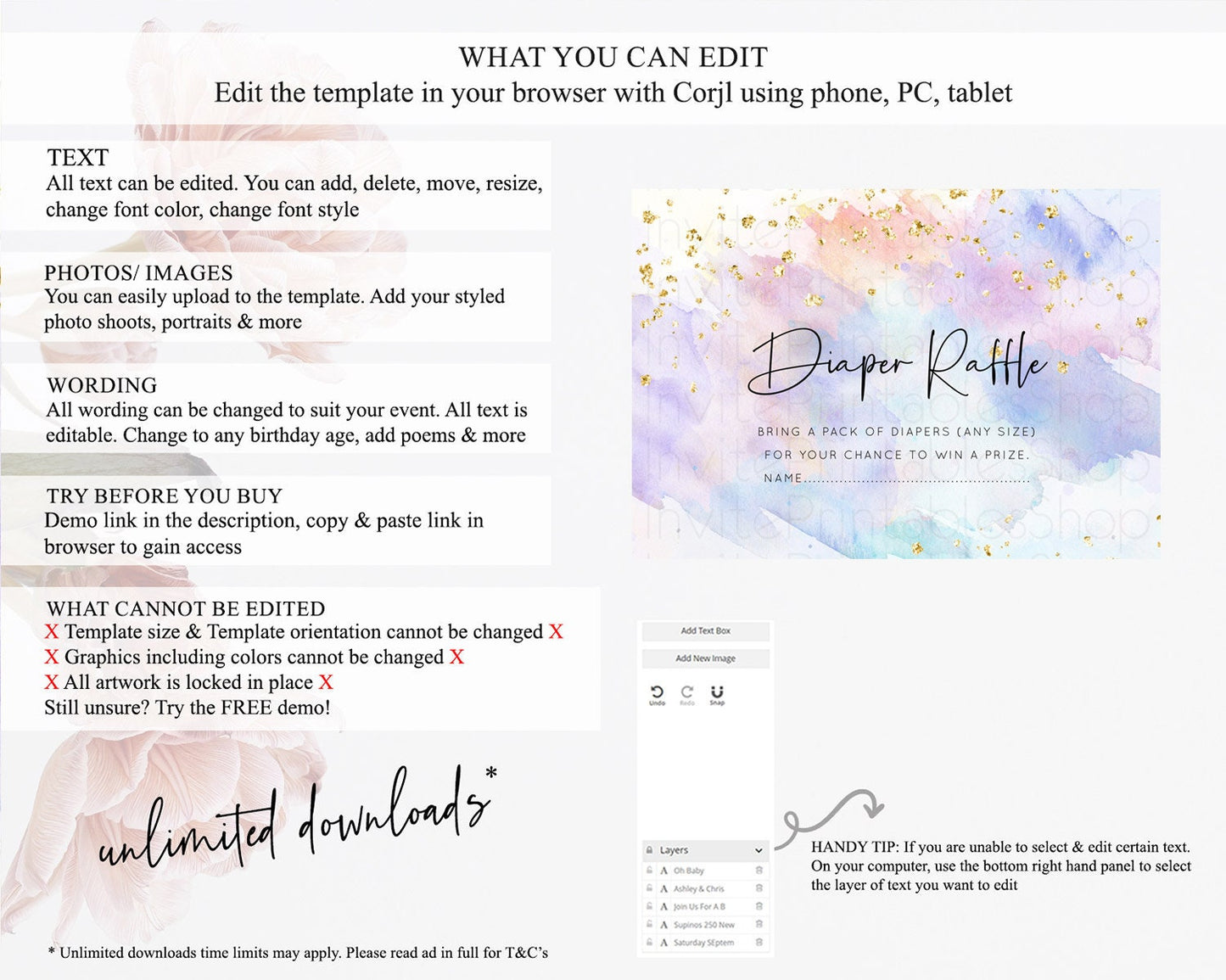 Pastel Diaper Raffle Card Pastel Rainbow Diaper Raffle Insert Colorful Ombre Watercolor Diaper Ticket Confetti Glitter Raffle Game D10583