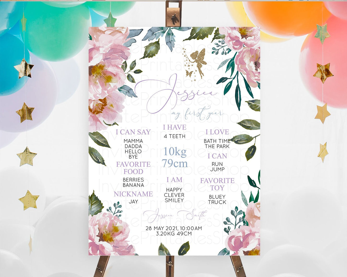 Fairy First Birthday Milestone Poster Fairy Secret Garden Milestone Board Enchanted Garden Pastel Floral Butterfly 1st Birthday Sign D10727