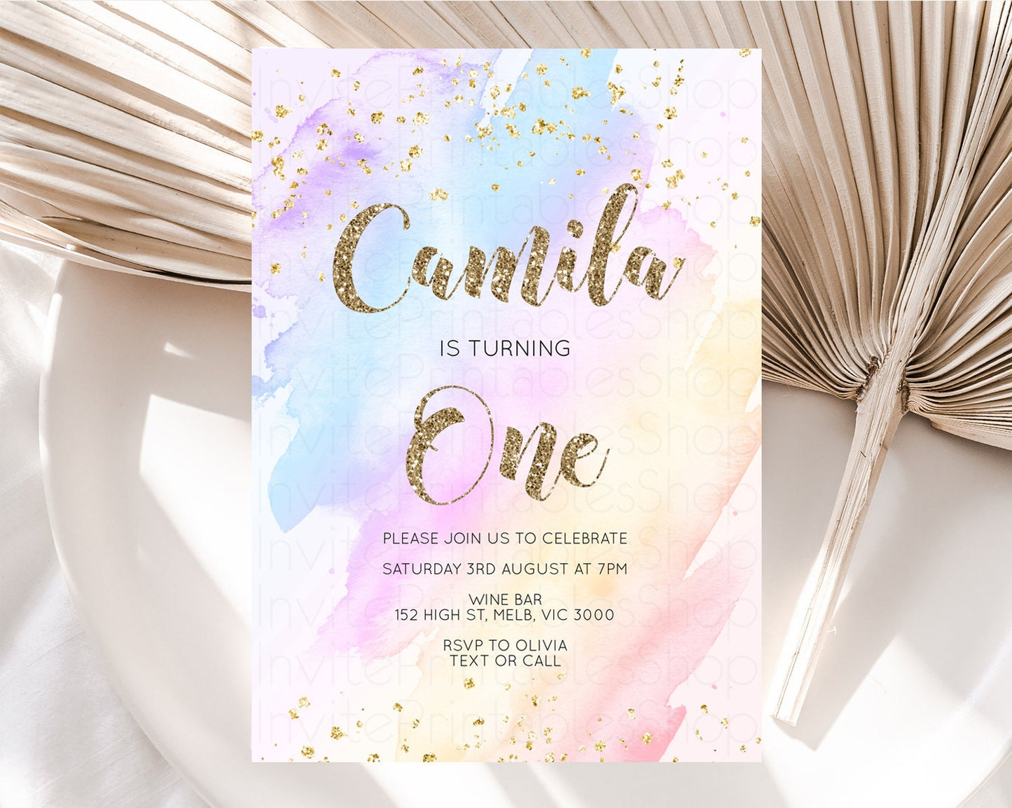 Rainbow Birthday Invitation Glitter Pastel Invitation Colorful Watercolor Gold Foil Splatter Sprinkle Ombre 1st 2nd 3rd Birthday Invite g600