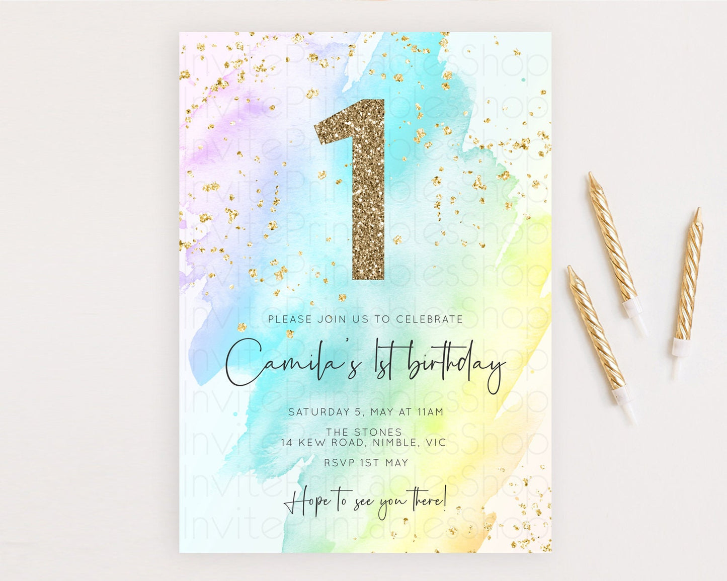 Rainbow Birthday Invitation Colorful Pastel Watercolor Invitation Gold Glitter Sprinkles Ombre Pastel 1st 2nd 3rd Birthday D10171