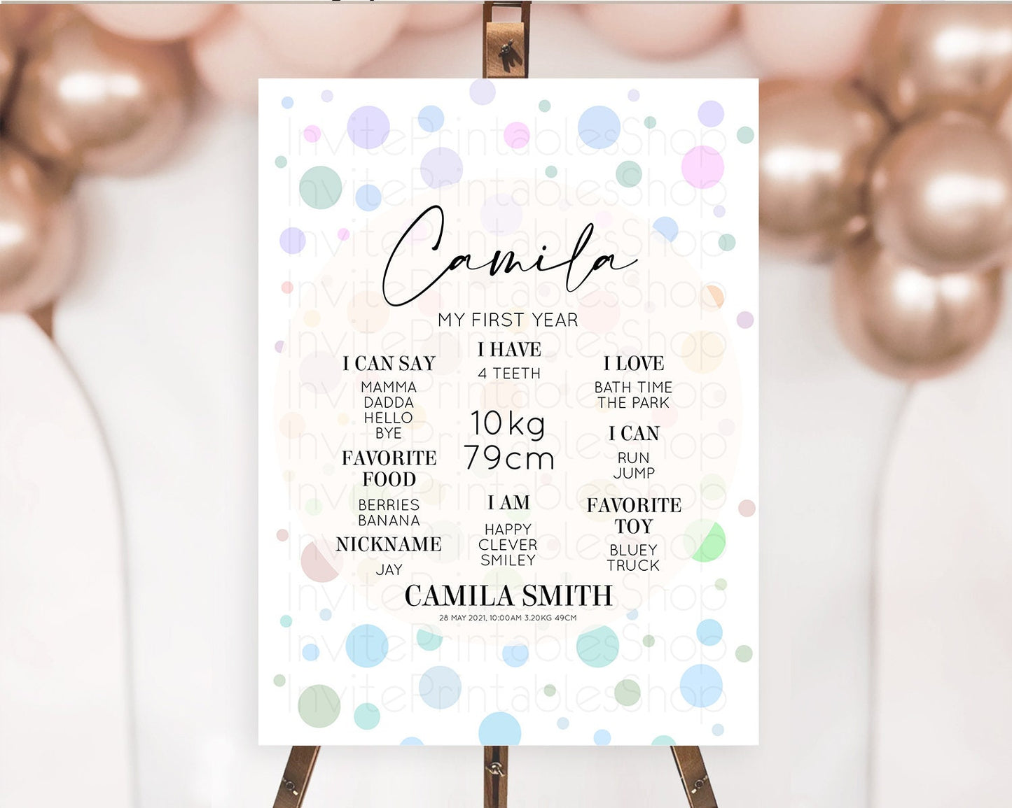 Pastel First Birthday Milestone Poster Pastel Rainbow Confetti First Birthday Milestone Board Colorful Bubbles Birthday Welcome Sign D10135