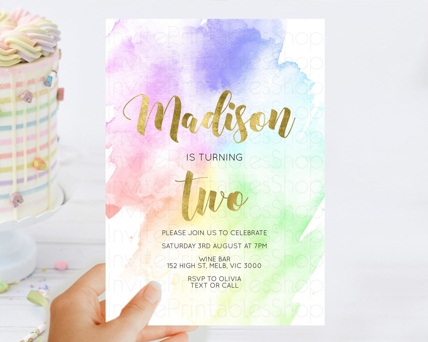 Rainbow Birthday Invitation Colorful Pastel Watercolor Invitation Gold Glitter Sprinkles Ombre Pastel 1st 2nd 3rd Birthday D10876