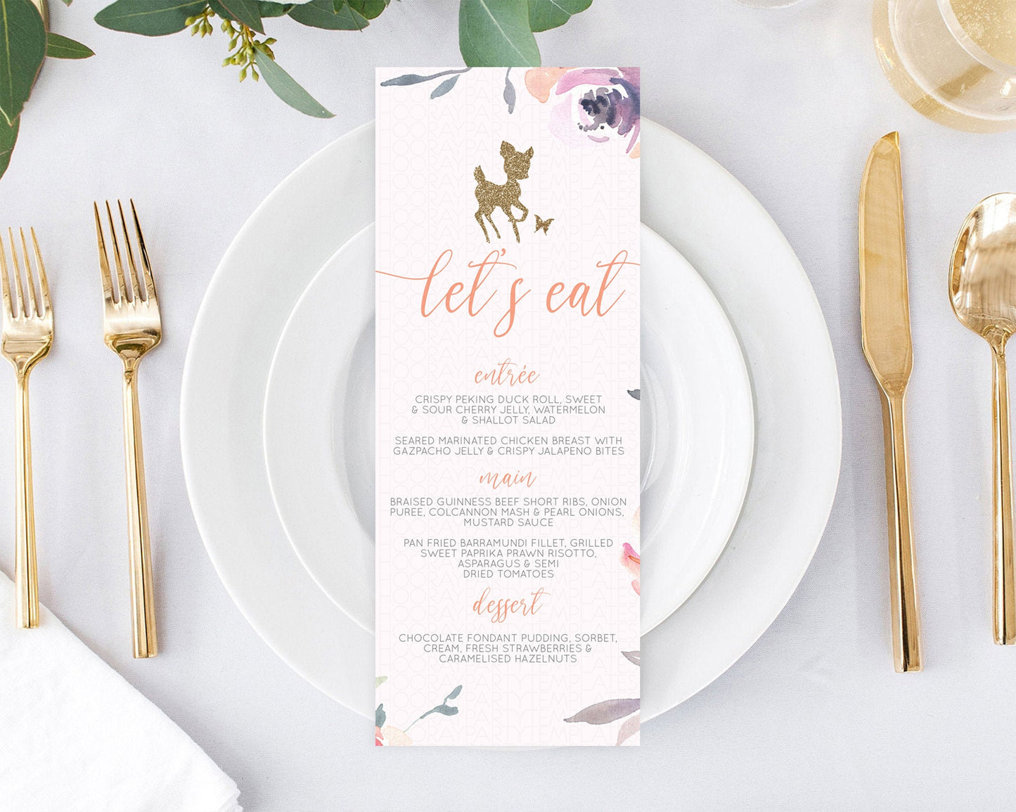 Fawn Menu Deer Menu Template Pastel Floral Deer Table Decor Enchanted Forest Butterfly Floral Dinner Dessert Menu Party Food Menu D10196