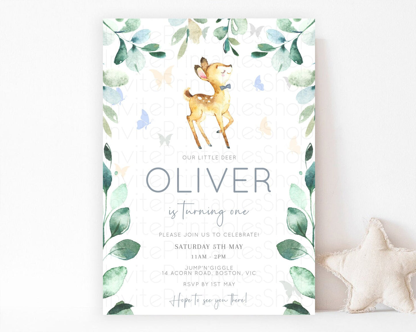 Fawn Birthday Invitation Deer Birthday Invitation Enchanted Forest Party Butterfly Pastel Flowers Whimsical 2nd 1st First Birthday D10767