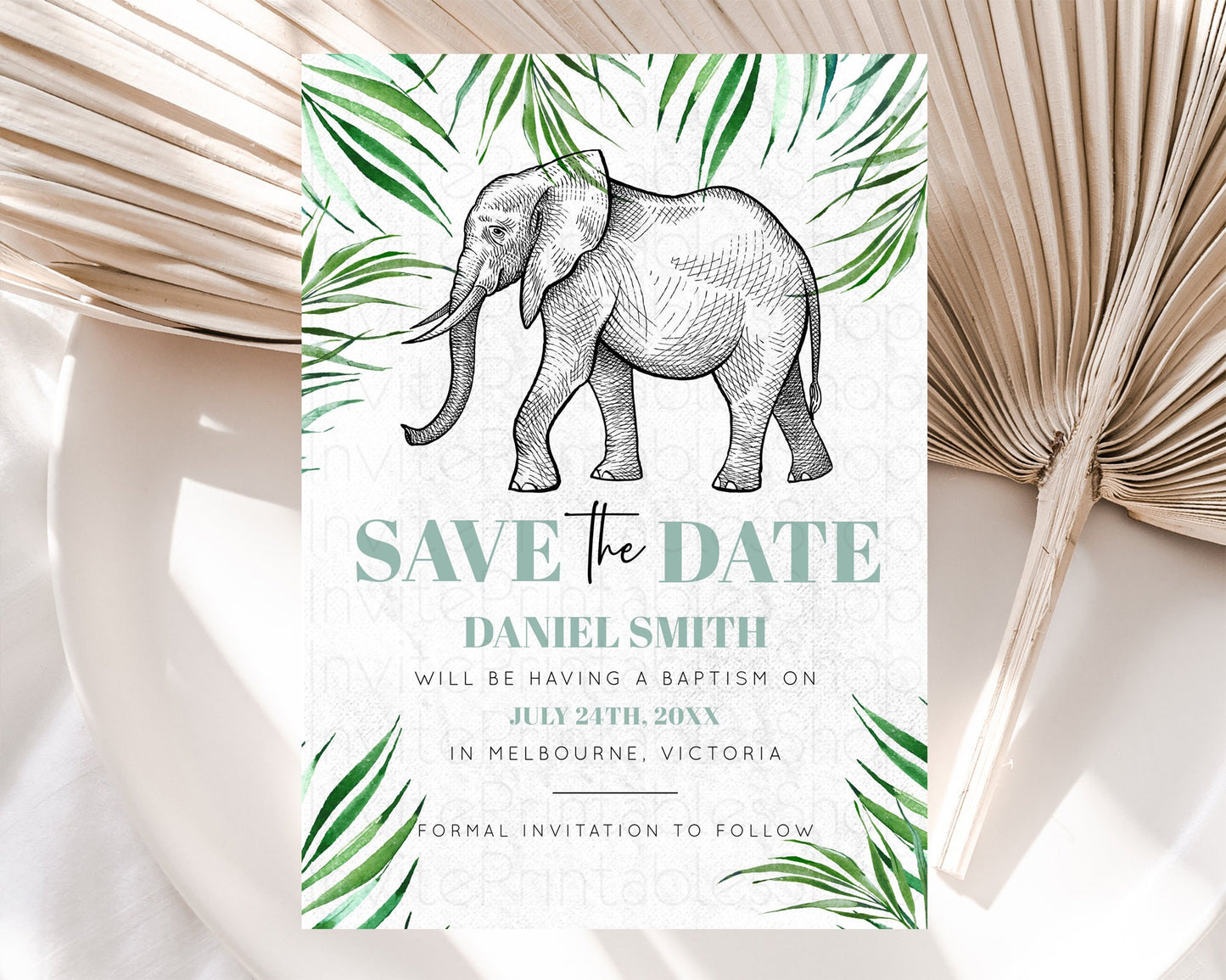 Elephant Save The Date Template Elephant Safari Adventure Party Dried Palm Fern Zoo 1st Birthday Baptism Baby Shower Bridal Shower D10850